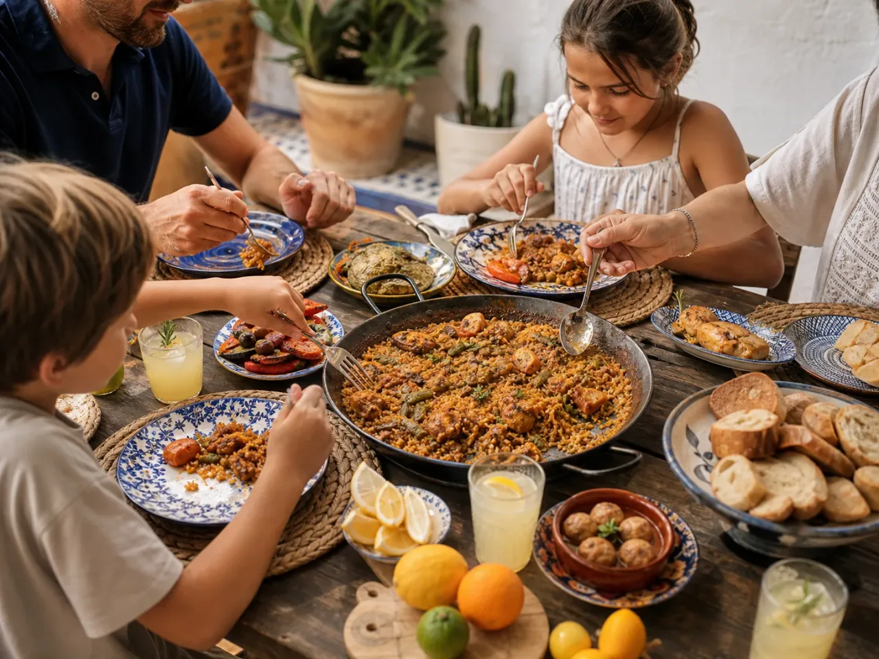 Una familia compartiendo gastronomía local en una terraza mediterránea