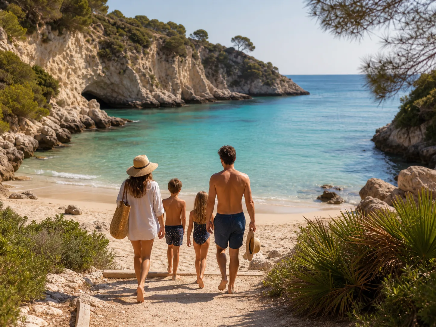 A family arriving at a quiet Costa Blanca beach