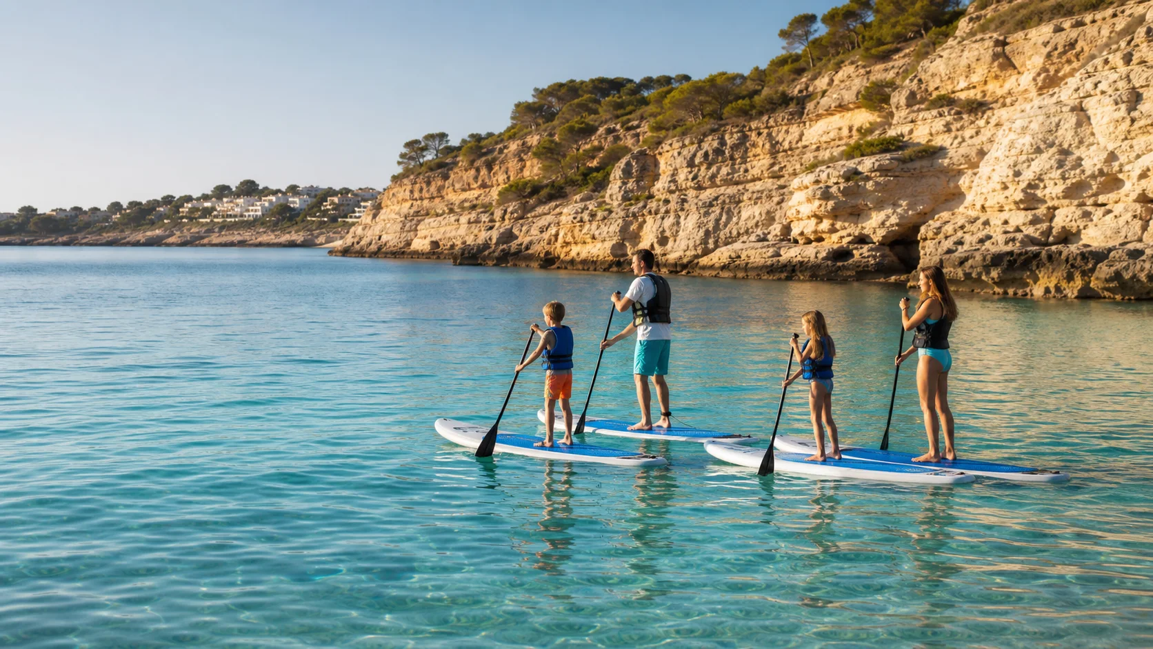 A family paddleboarding together in a calm Costa Blanca cove