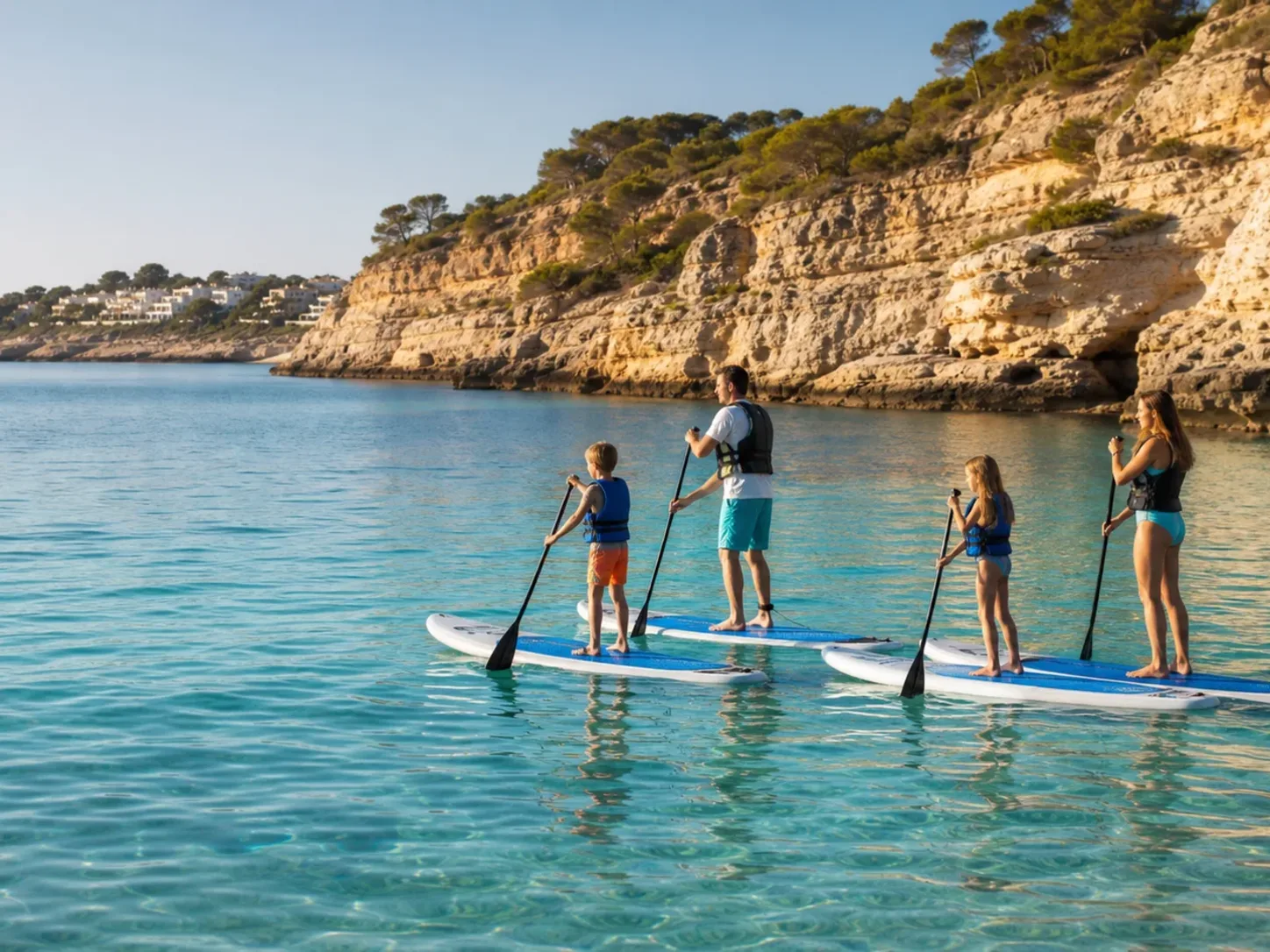 A family paddleboarding in a calm Costa Blanca cove