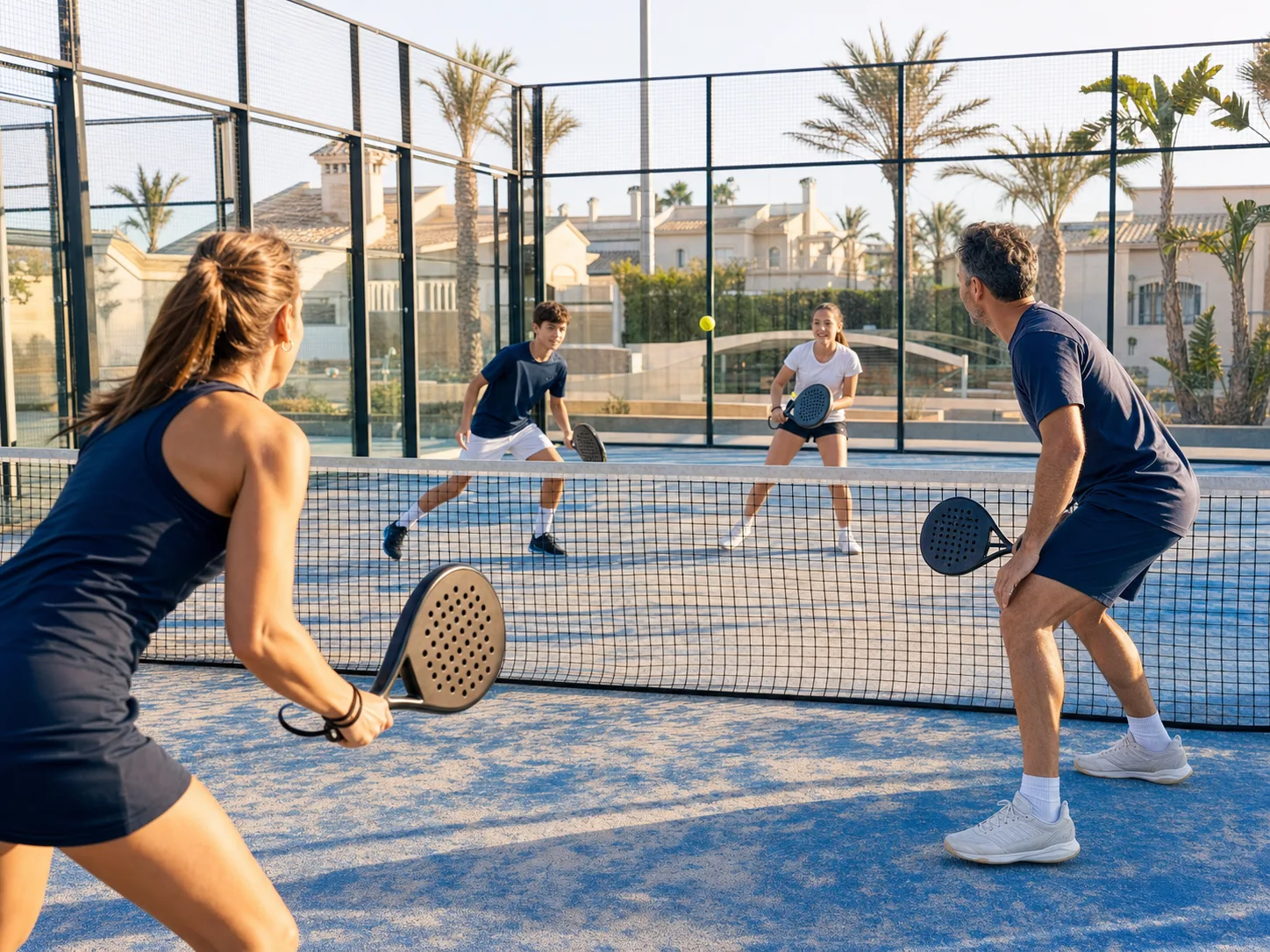 A family playing padel on an outdoor Costa Blanca court