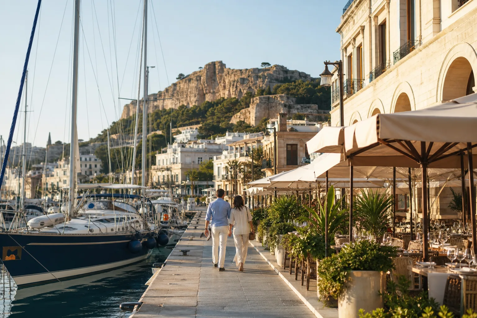 Mediterranean marina, restaurants and coastal architecture in warm afternoon light